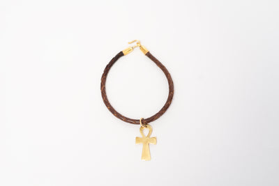 Cordon en Cuir + Pendentif Croix Ank en bronze (3 cm)